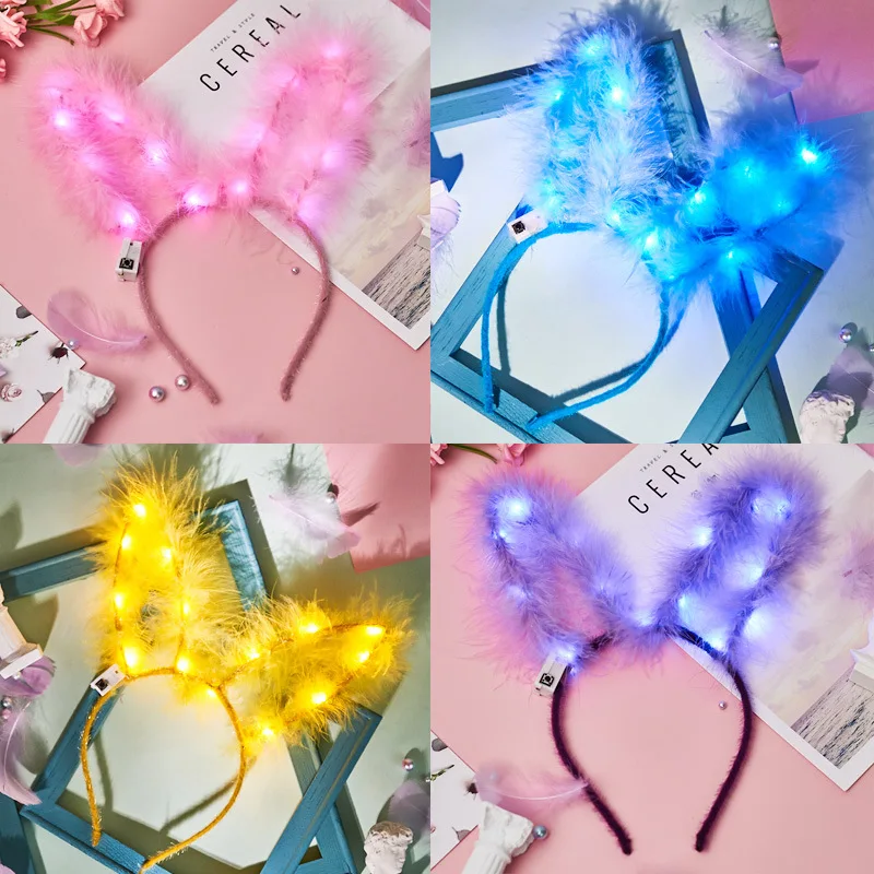 LED Glow Rabbit Bunny Feather Cat Ears 14 Lights Headband Light Up Headwear Party Props Girl Birthday Wedding Party Decoration