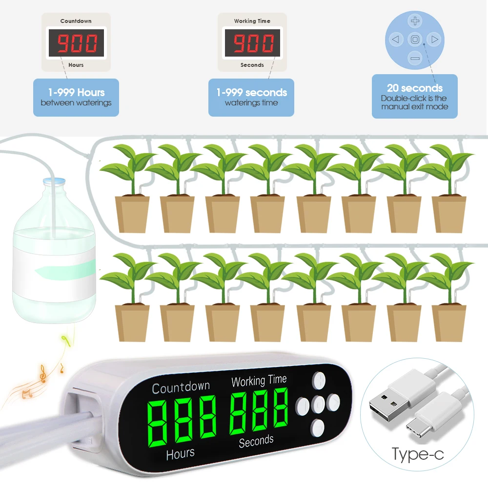 

Automatic Timer Pump Drip Irrigation Kit Home Watering System Bonsai Plant 41-Day Programmable Controller LED Display USB Power