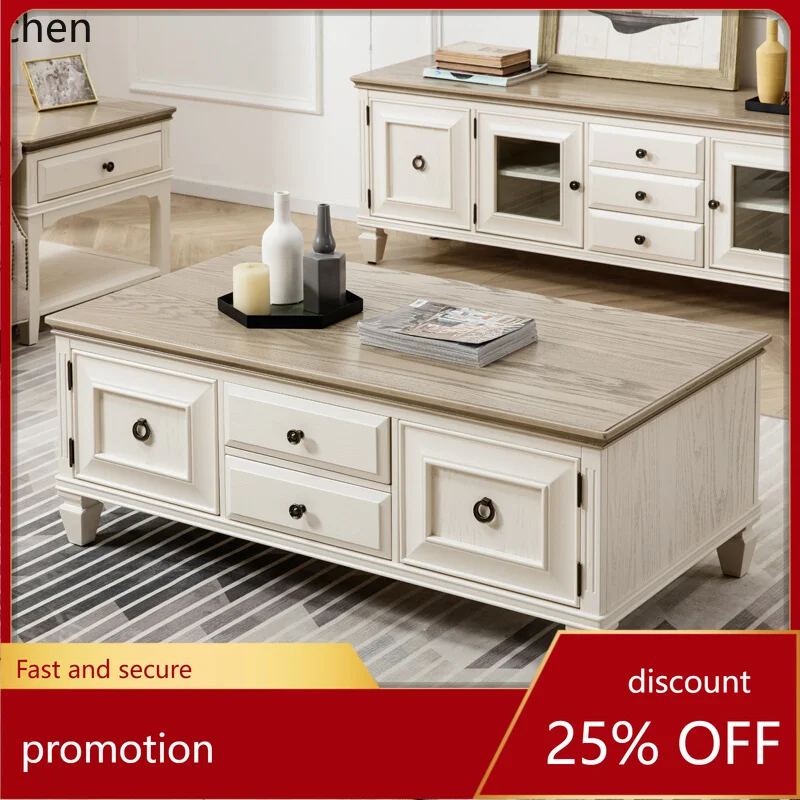 

HT coffee table TV cabinet set combination furniture red oak small apartment pastoral rural Mediterranean