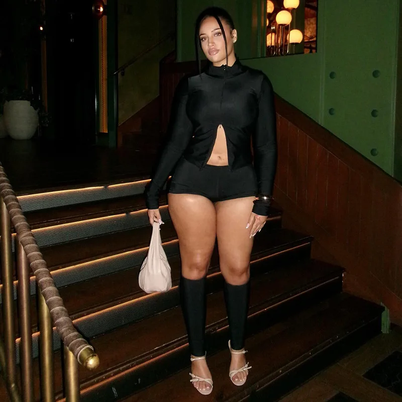 Women Solid Casual 3 Piece Set Turtleneck Long Sleeve Zipper Shirts Crop Tops + Shorts + Sockes Leg Covers Fitness Tracksuits