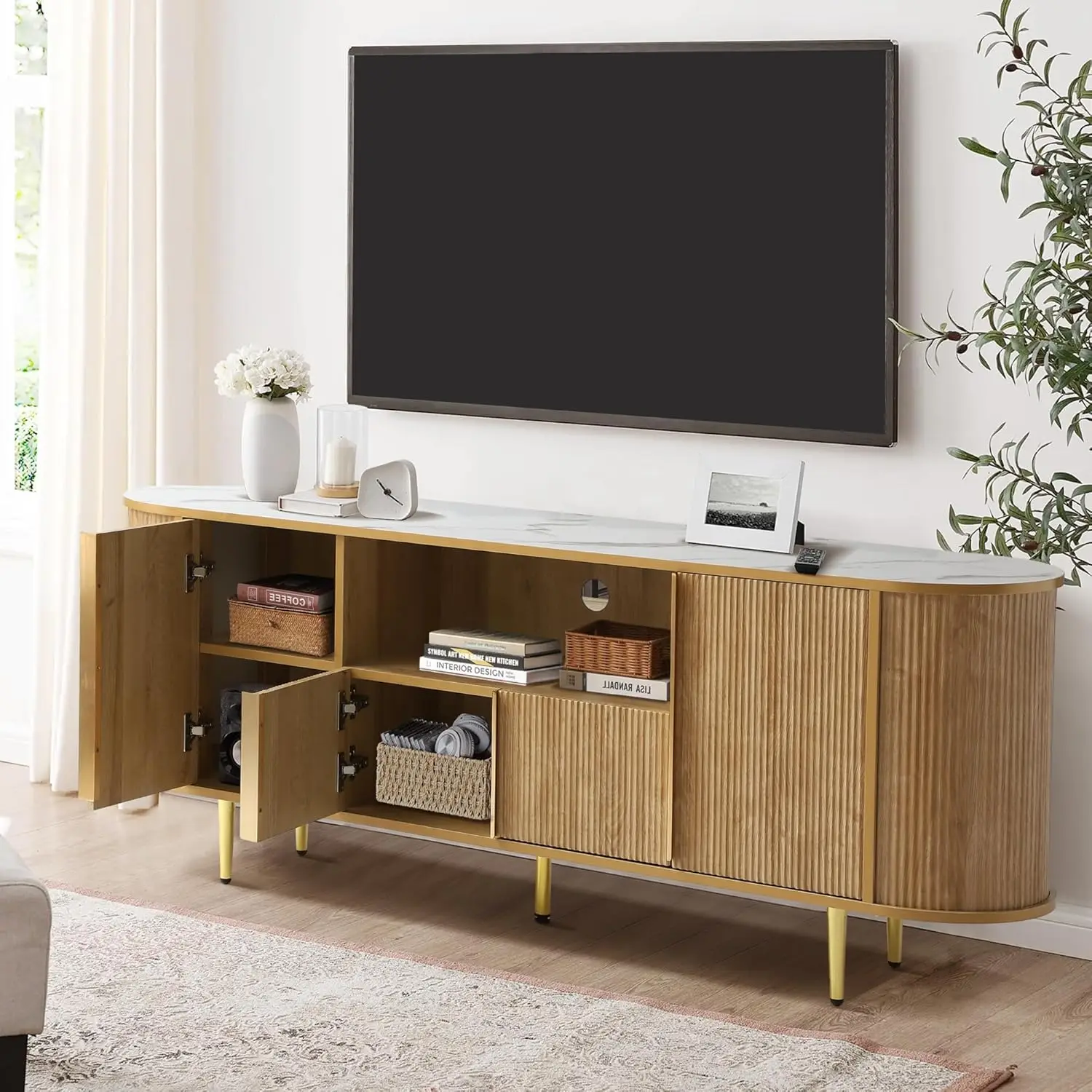 63" Fluted TV Stand for TVs to 75", Modern Entertainment Center with Storage & Adjustable Shelves, Faux Marble Top for Living Ro