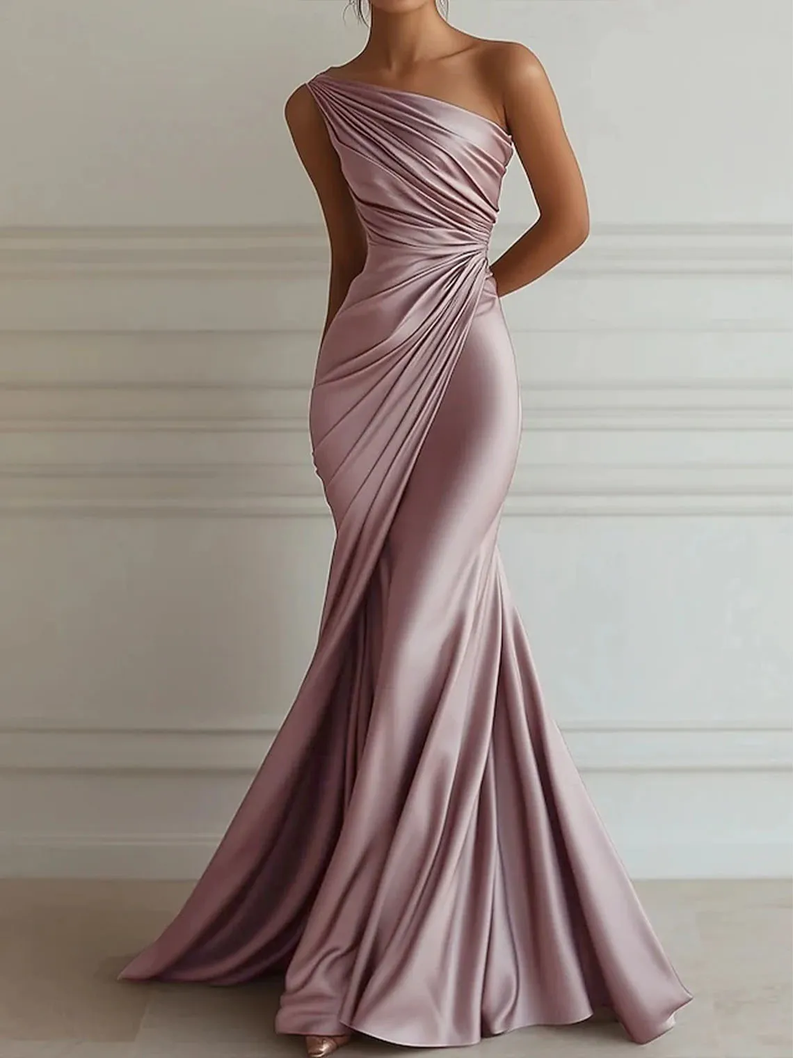우아한 머메이드 이브닝 드레스 원숄더 슬리브리스 플로어 길이 스트레치 새틴 플리츠 웨딩 게스트 드레스 2025 무료 맞춤 제작