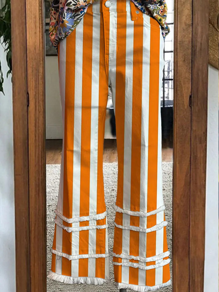 Striped Layered Fringed Hem Game Day Pants