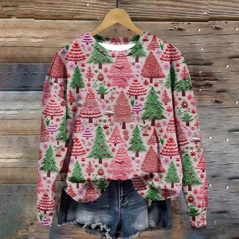 

UNIKTEE Women's Ribbed Trim Long Sleeve round Neck Sweater Holiday Cozy Christmas Colors Tree Design
