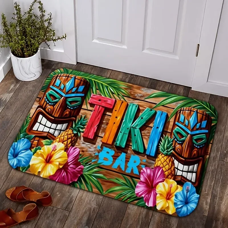 Retro Wooden Tiki Bar Door Mat Hibiscus Pineapple Pattern Entrance Doormats Non Slip Welcome Rugs Home Decor Floor Carpets