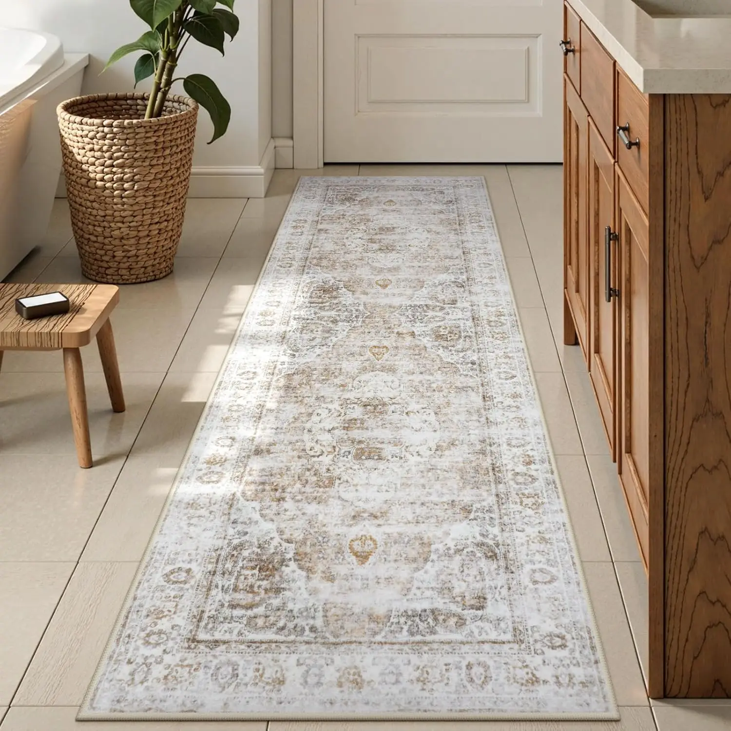 

Distressed Tribal Farmhouse Bathroom Runner Rug, Non-Slip Washable Mat for Bathtub Sink Hallway, 24x59 Inch