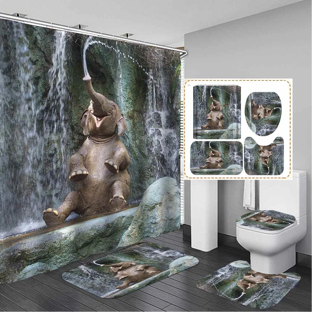 

Animal Elephant Playing with Water Shower Curtain Set 3D Print Bathroom Curtain Set Bath Mat Set Floor Mat Toilet Rug Home Decor