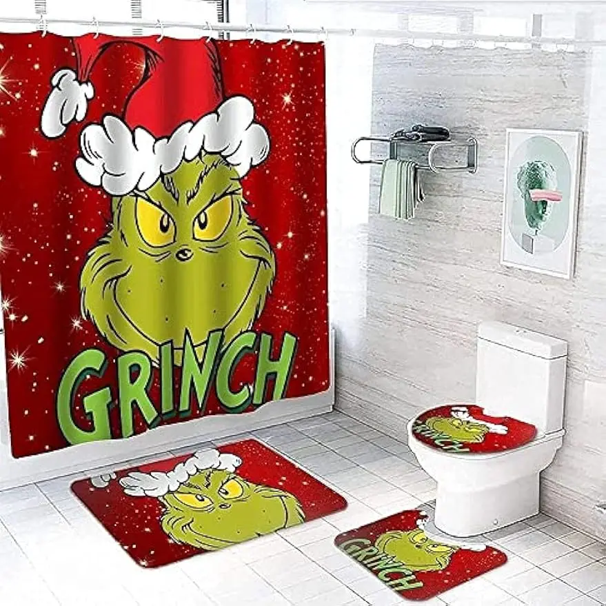 

Christmas Snowman Print Toilet Bathroom Mat And Shower Curtain Four-Piece Set