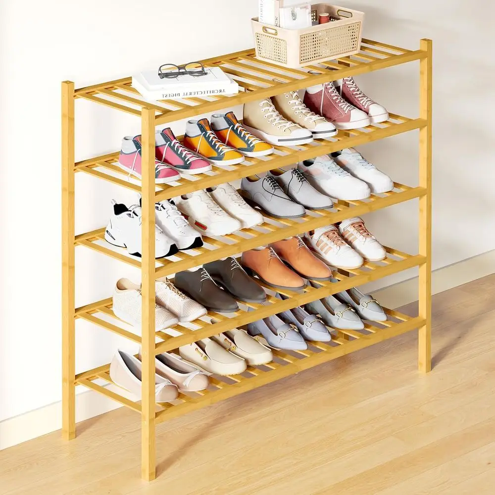 

5-ярусная штабелируемая бамбуковая подставка для обуви – длинная деревянная полка для прихожей, натуральная отделка