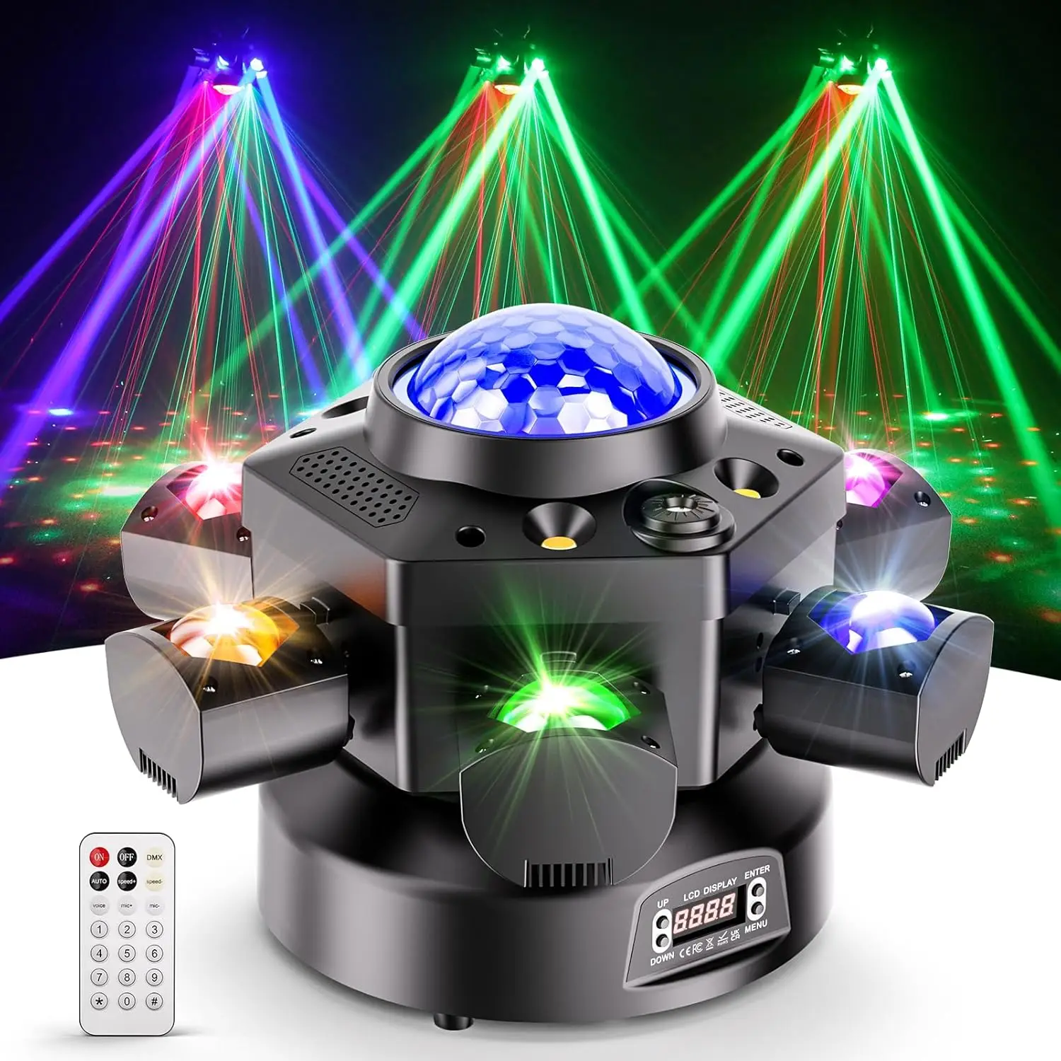 

DJ Light Moving Head 120W 6 Arms Beam Rotating Stage Lights with Kaleidoscope/White Amber Strobe/Starry Sky Lighting Effect Supp