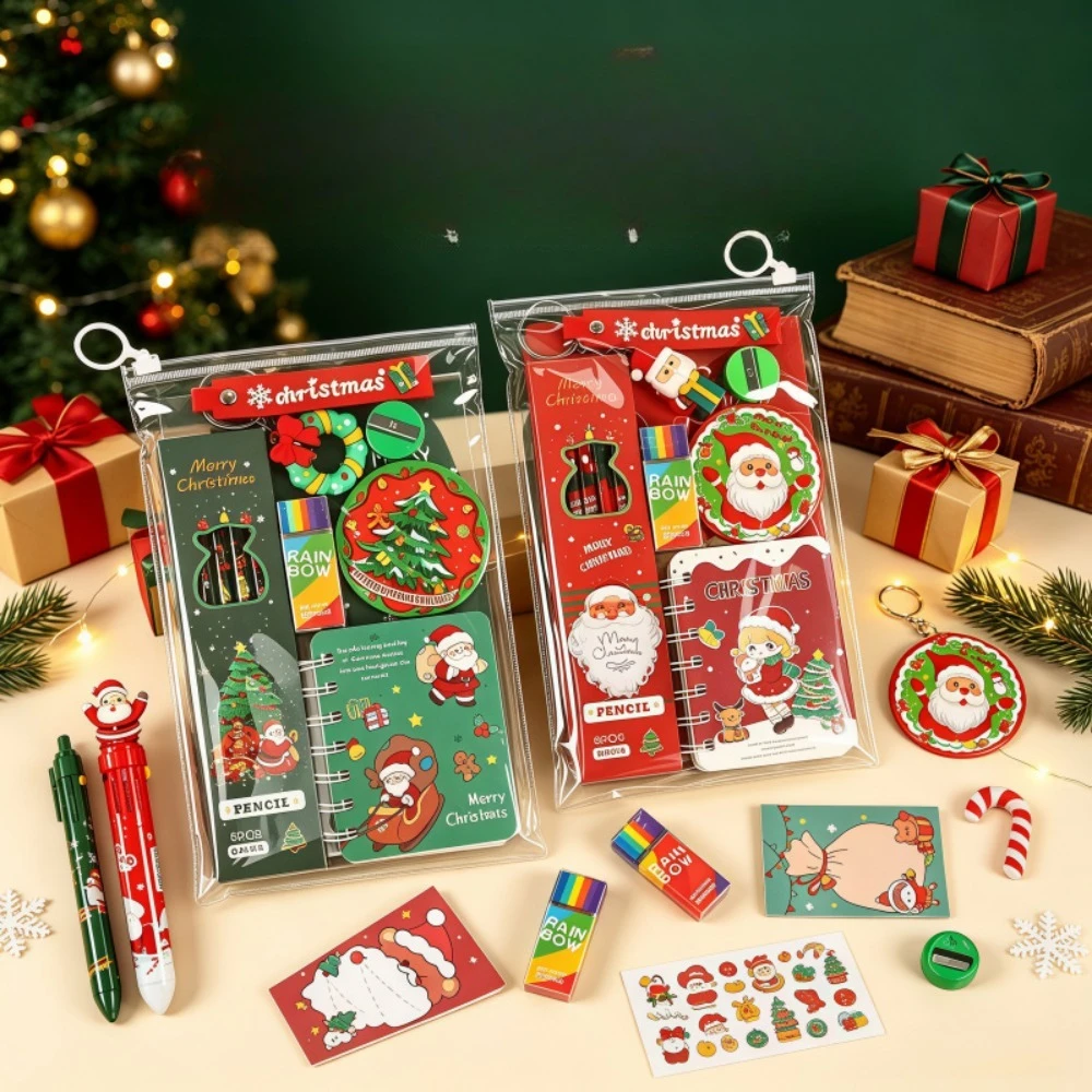 Cute Christmas Stationery Set 10Pcs A5 A7 Notebook Pencil Sharpener Eraser Keychain Sticky Note Xmas Gifts for Kids Students