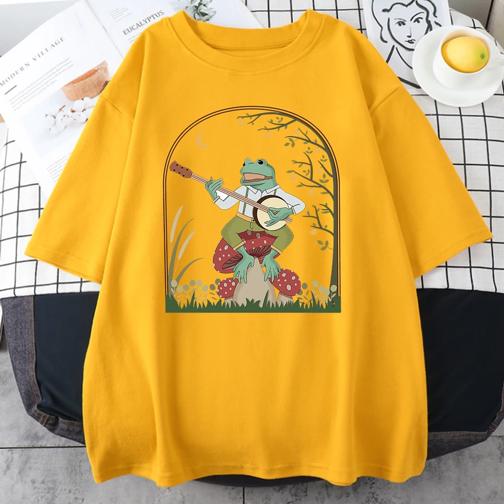 Cottagecore Aesthetic Frog Playing Banjo On Mushroom Cute Vintage Male T Shirt Cotton Oversize Tee Clothes Summer Anime T-Shirts