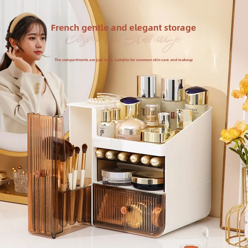 

Luxury Ins Style Cosmetic Storage Rack, Desktop Vanity Organizer with Lipstick Holder, Large Capacity Makeup Shelf for Skincare