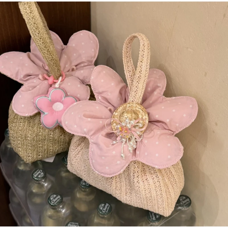 

Polka Dot Embroidery Handwoven Rattan Style Tote Bag Women Summer Straw Beach Bag Floral Flower Bucket Purse Dating Handbag