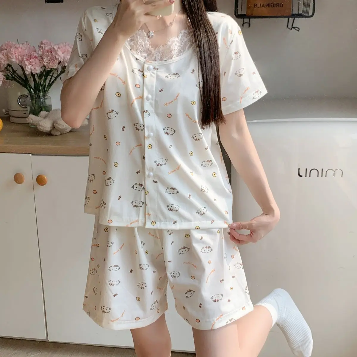 

Sanrio Hello Kitty Sexy Pyjamas Summer Pajamas Shorts Short Sleeve Sleepwear Cute Cartoon Pijama Women's Nightgown Home Suit New
