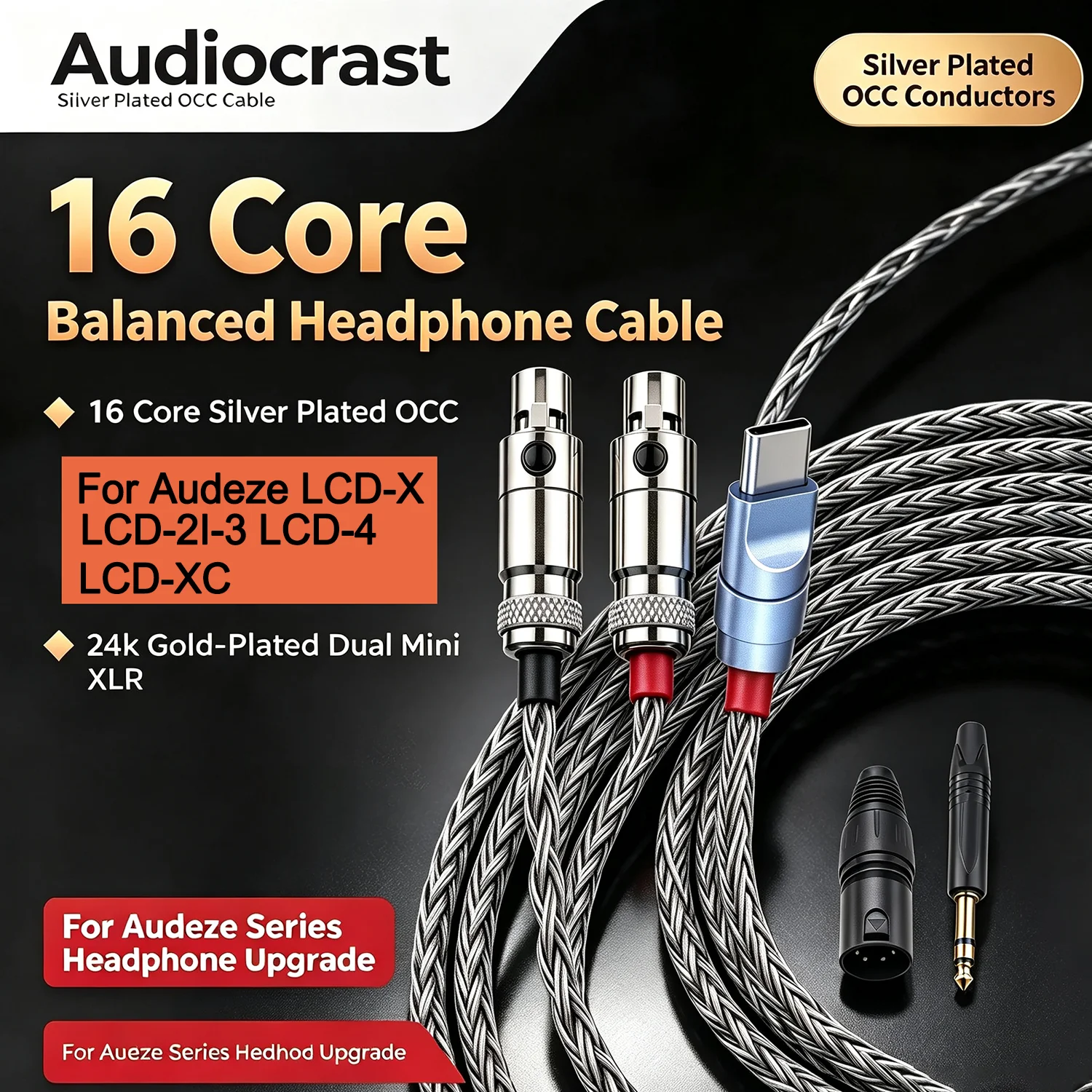 16 Core Silver Plated OCC Headphone Upgrade Cable, Type C 4Pin XLR to Dual Mini XLR, Audiophile Grade Balanced Signal Cord