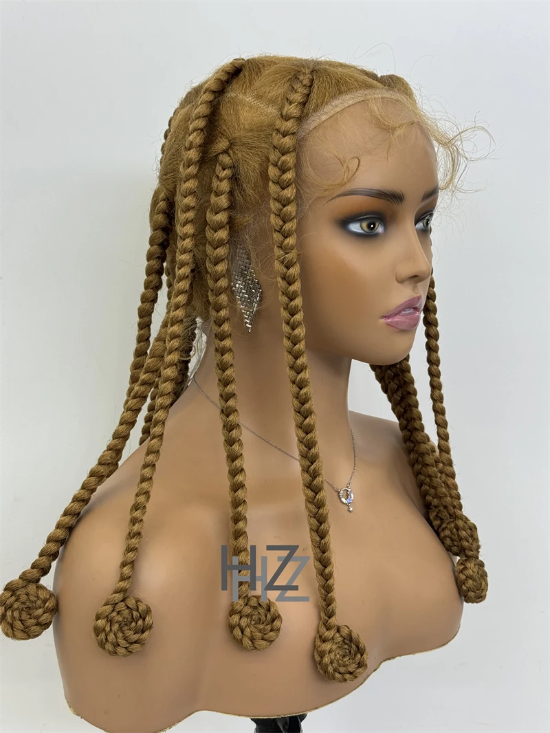 HZ 27 #   Perucas sintéticas sem nós com tranças de renda completa, peruca trançada com cabelo de bebê, trança natural para mulheres negras