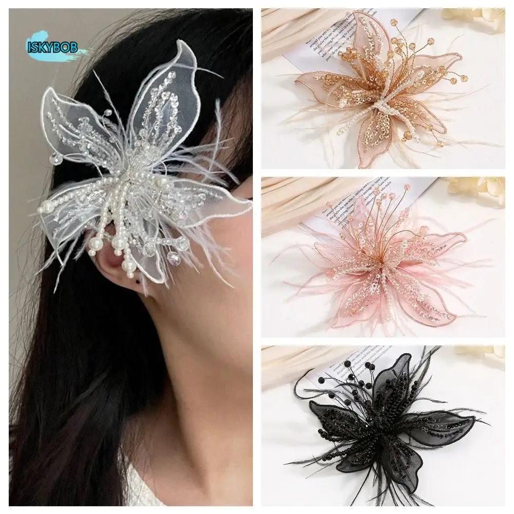 

Vintage Sequin Lace Feather Hair Clip Beads Floral Flower Hairpin Edge Clip Headwear Bridal Wedding Headwear Dance Show Headwear