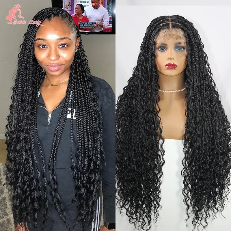 

32" Synthetic Wigs Boho Knotless Box Braided Lace Front Wigs Curly Goddess Bohemian Locs Transparent 360 Full Lace Braid Wigs