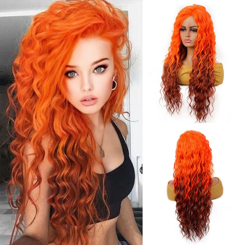 European and American long wavy synthetic for women, orange gradient African curly fluffy wigs