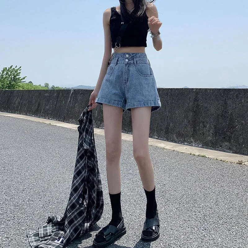 

Ultra High Waist Denim Shorts Women Summer Thin Style INS Slim Double Buckle Small Size A-Line Straight Leg Cuffed Wide Leg H...