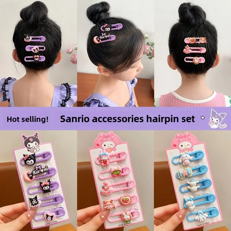 5 buah klip rambut Sanrio Hello Kitty untuk wanita lucu kartun Kuromi Cinnamoroll mode Gadis bebek klip hadiah Aksesori rambut