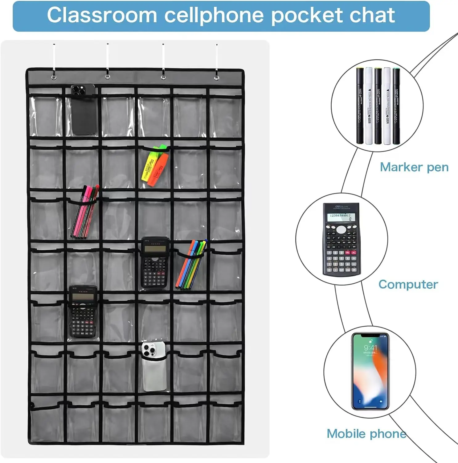 42 Pocket Classroom Pocket Chart for Cell Phones and Calculator Clear Cellphone Pocket Chart for Classroom with Hooks