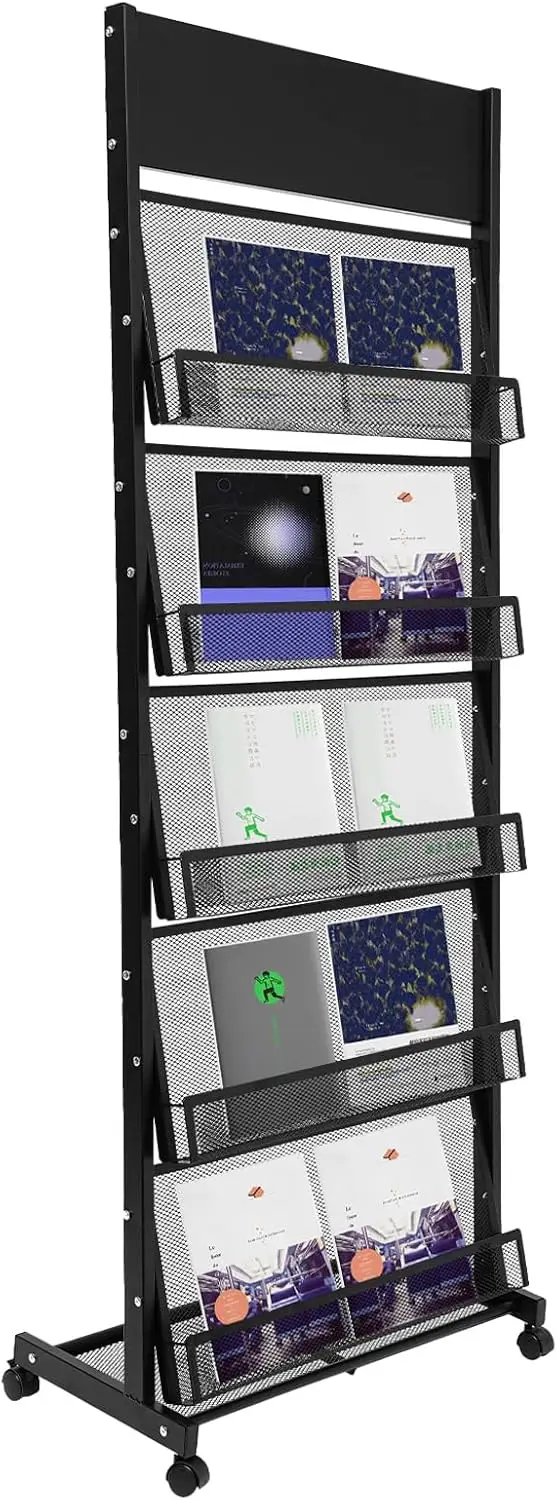 

Напольная стойка для журналов, 5-уровневый держатель для брошюр на колесиках, металлическая стойка для литературы повышенной прочности, на заказ