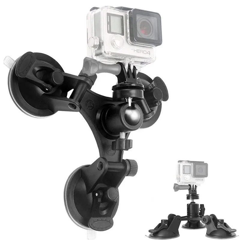 Action Camera Triple Suction Cup Mount Glass Sucker Car Holder 360 Rotation for GoPro Hero 9 8 7 6 5 3+ YI SJCAM Tripod Adapter