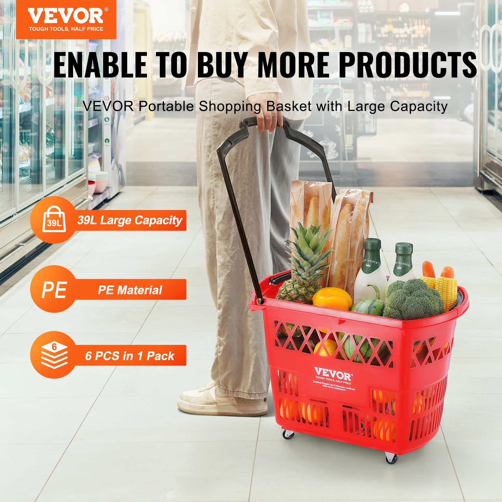 VEVOR 6PCS Shopping Baskets 39L Rolling Shopping Carts with Handles & Wheels Portable  for Supermarkets Retail Stores Grocery