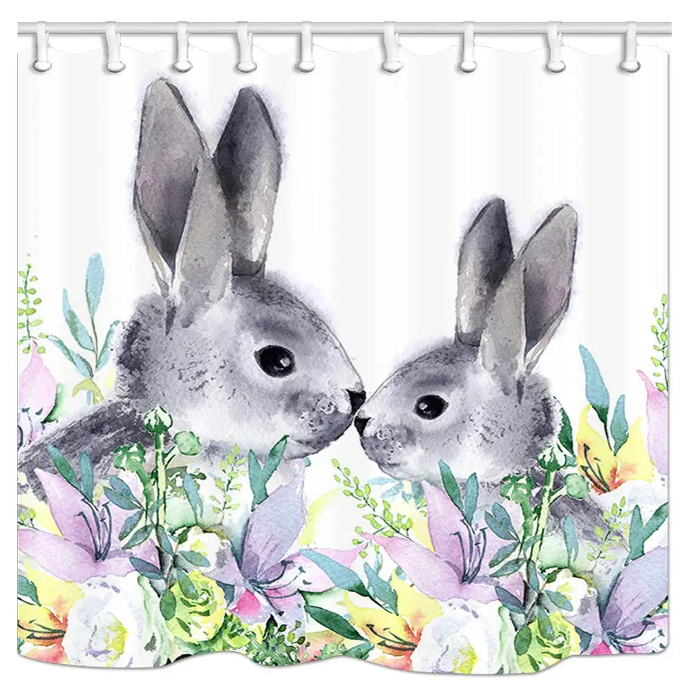 Rabbit Shower Curtain Cute Animal Hare Bunny In Tea Cup with Berry Leaf Flowers Shower Curtains Home Decor Waterproof Fabric