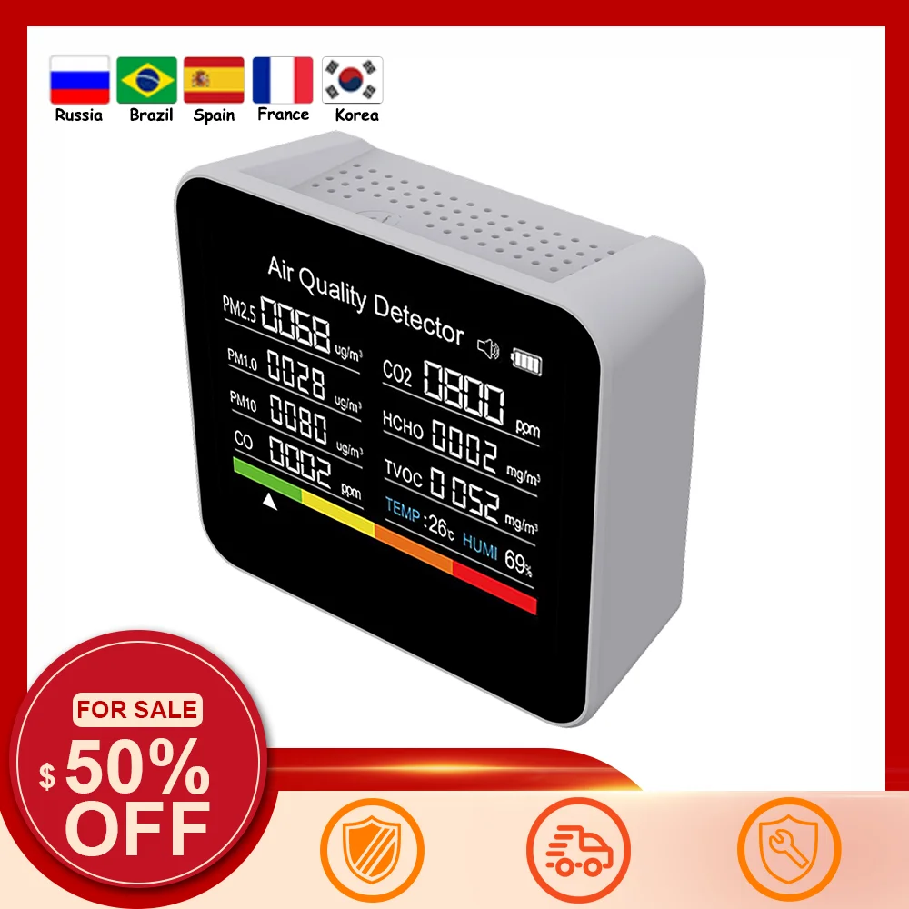 9 in 1 Air Quality Monitor CO2 Meter Temperature Humidity Detection CO2 CO TVOC HCHO PM2.5 PM1.0 PM10 Carbon Dioxide Detector