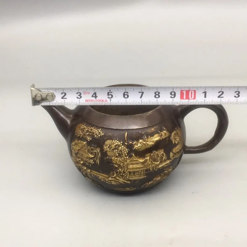 bronze gilded landscape tea set ornament, antique handicraft