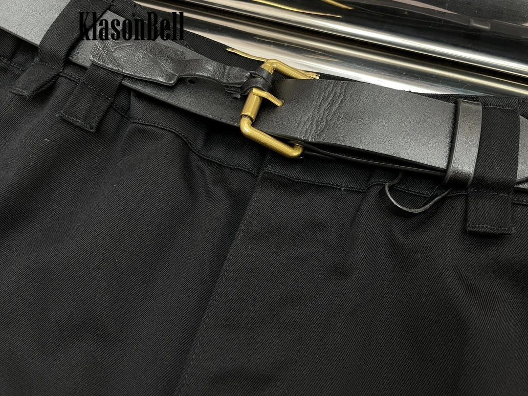 7.5 KlasonBell Women Black Cargo Trousers Women Fashion All-matches With Genuine Leather Belt Pocket Design Straight Pants