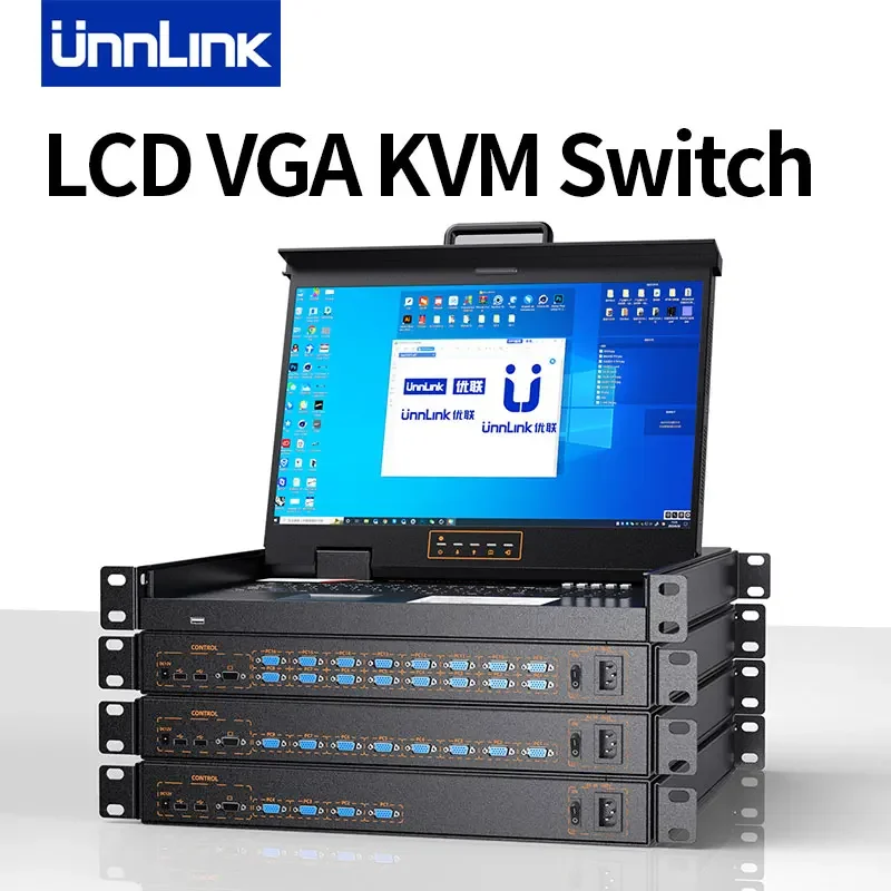 Unnlink LCD VGA KVM Switch OSD Hot Key Switching 4/8/16 Input 1 Output KVM Console 17/17.3/19 Inch Screen Cascade Cabinet Design