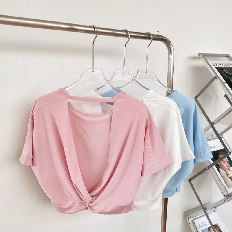 Loose Women's Yoga Clothes Short Sleeve T-Shirt Fitness Running Sportswear Sexy Back Hollow out Casual Style Polyester Fiber