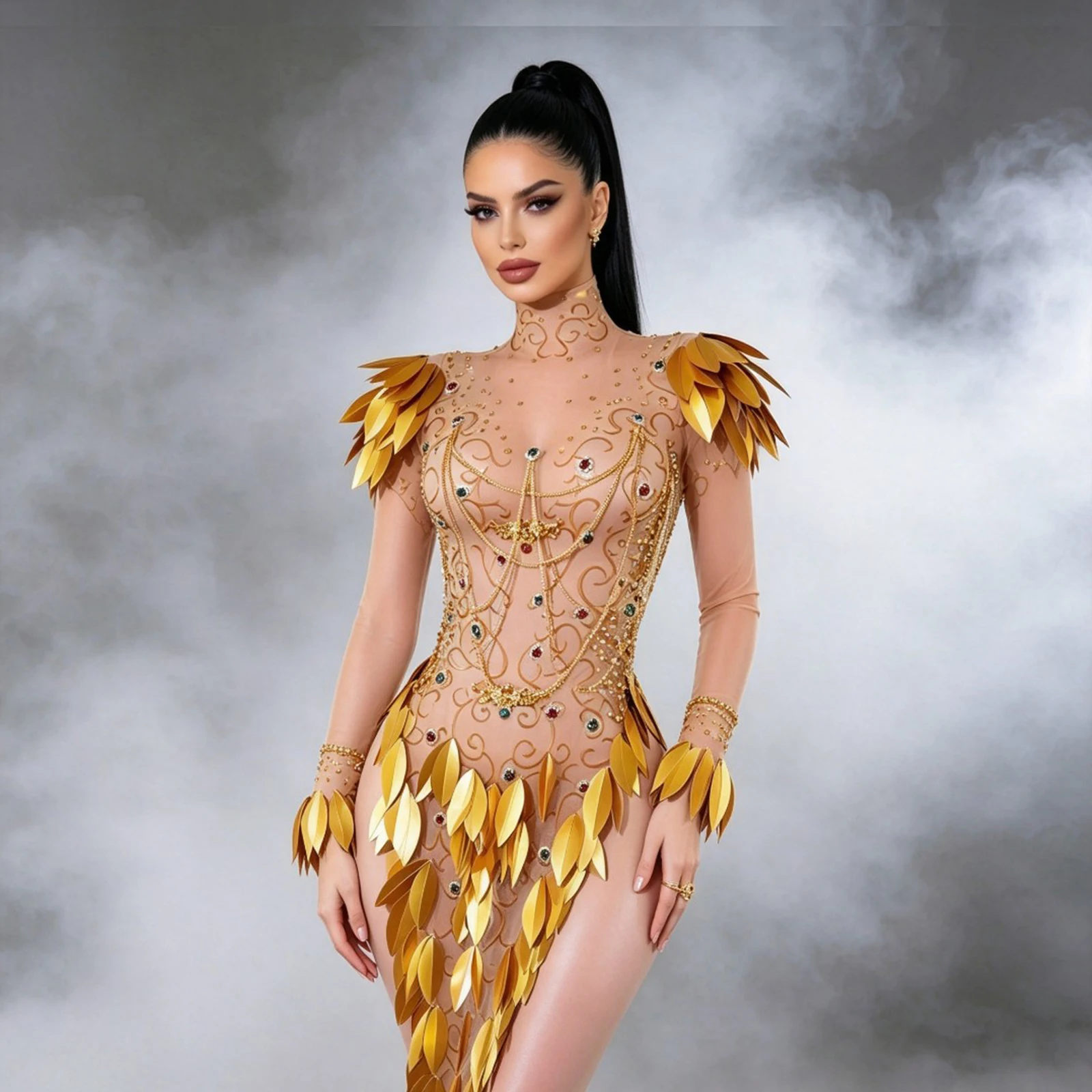 Luxury Gold 3d Leaf Mesh Dress Rhinestone Costume Women Sexy Nightclub Gogo Dancer Singer Dj Dsconcert Stage Performance Outfit
