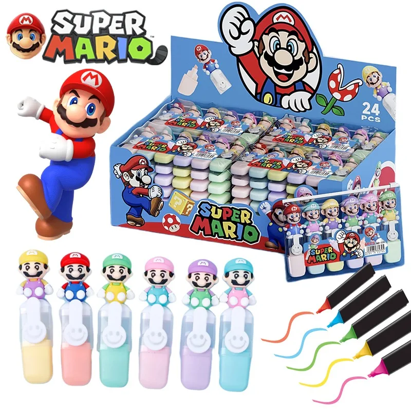 6Pcs Super Mario Bros Marking Pen Children's Highlighter Pen Set Anime Markers Cute Student Drawing Tool Stationery Boys Gifts