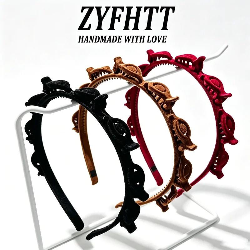 1/3 Stück ZYFHTT Rot-Schwarzes Beflocktes Geflochtenes Stirnband für Frauen Retro Vielseitiger Haarreif Modisches Mädchen-Stirnband Haaraccessoires – Detail 1