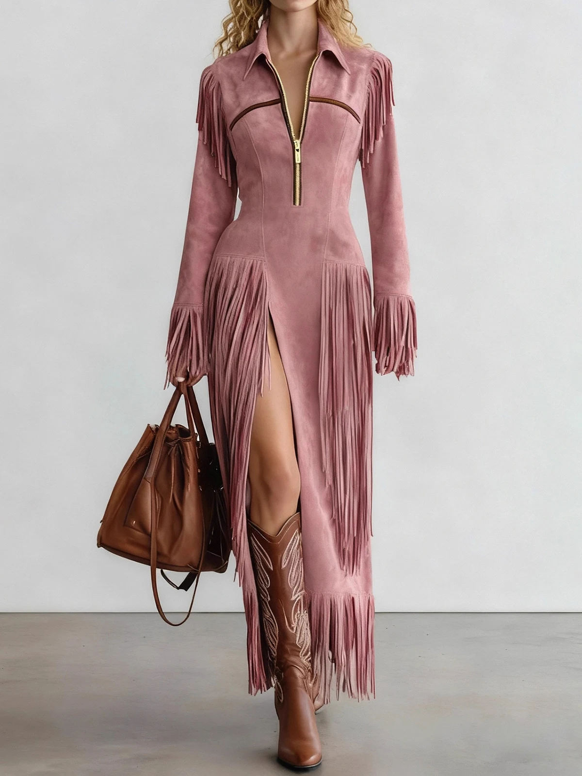 

Women's Pink Faux Suede Fringe Maxi Dress Western Cowgirl Long Sleeve Zipper Dress High Split Hem Vintage Slim Fit Long Dresses