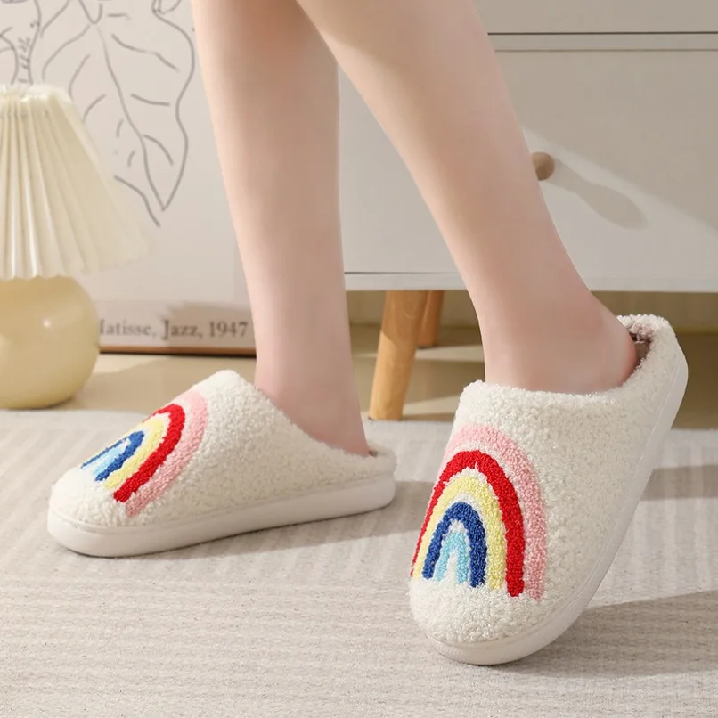 

Fuzzy Home Slipper Women Winter Warm rainbow Funny Fur Plush Non Slip Grip Indoor Lazy Female House Room Shoe Slide Men Male