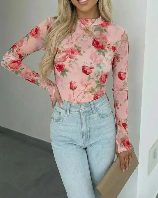 

Women's T-Shirt 2026 Slim Fit Elegant and Fashionable In Spring Stand Up Collar Oil Painting Flower Print Long Sleeved T-Shirt