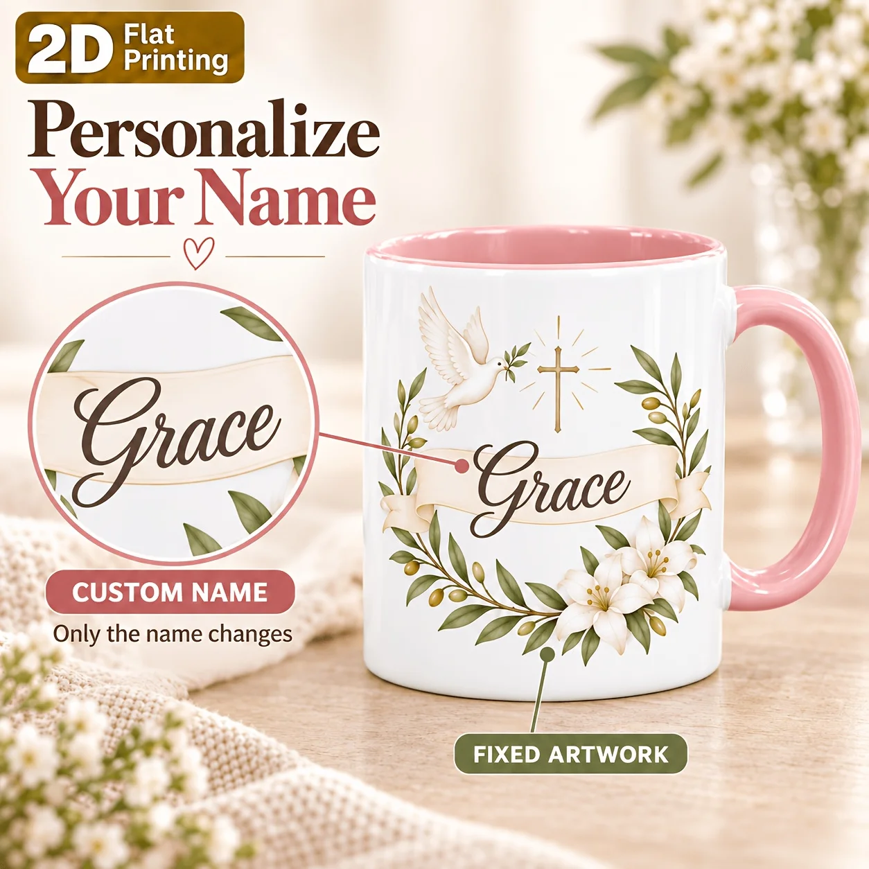 Personalized Christian Mug Custom Name Text 11oz Ceramic Cup Baptism Easter Gift Microwave Dishwasher Safe 7 Colors