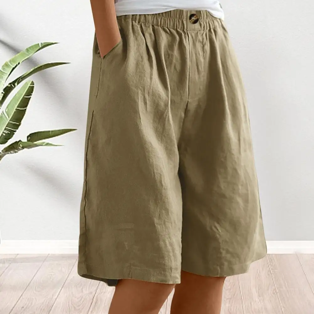 

Women Shorts Elastic Waist Solid Color Summer Shorts Casual Pocket Button Loose Joggers Streetwear Wide Leg Pants