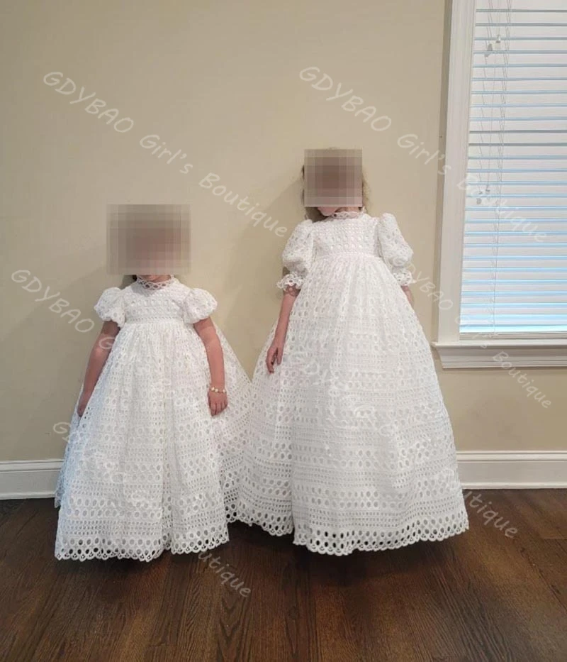 Aangepaste kanten bloemenmeisjesjurk hoge taille ballonmouwen eerste heilige communiejurk 2-14 kinderen klassieke bruiloftsbaljurk
