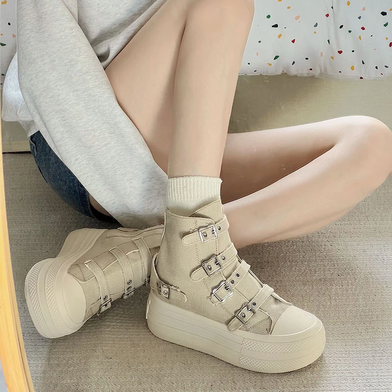 2024 New Trend Canvas Round Toe Thick Sole Platform Chunky Heels Women Sneakers Belt Buckle Zipper Fashion Western Punk Shoes