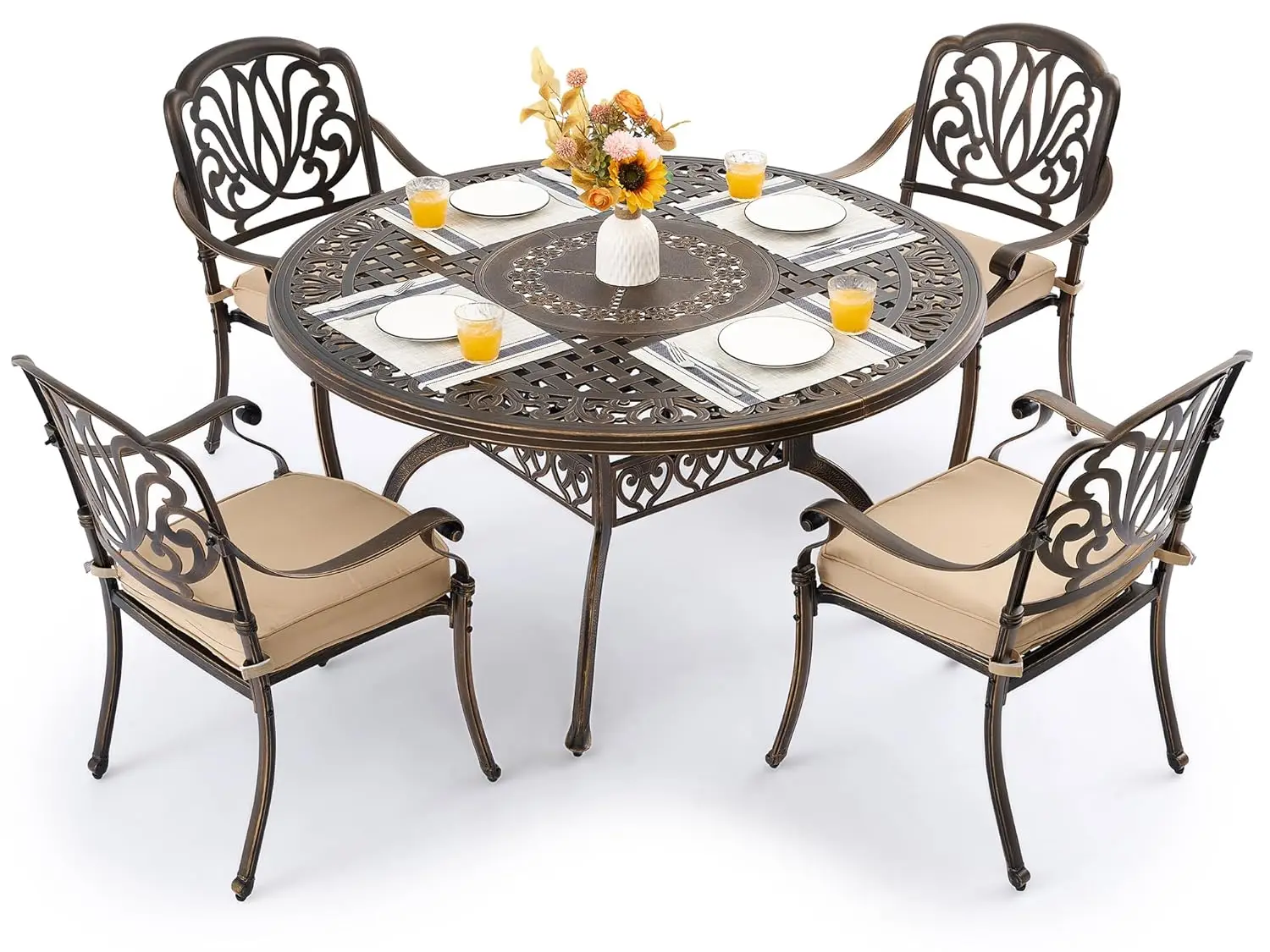 

#5 Piece Retro Cast Aluminum Patio Dining Set 54" Round Table 4 Chairs Thicker Cushion Umbrella Hole Outdoor Garden, Customized