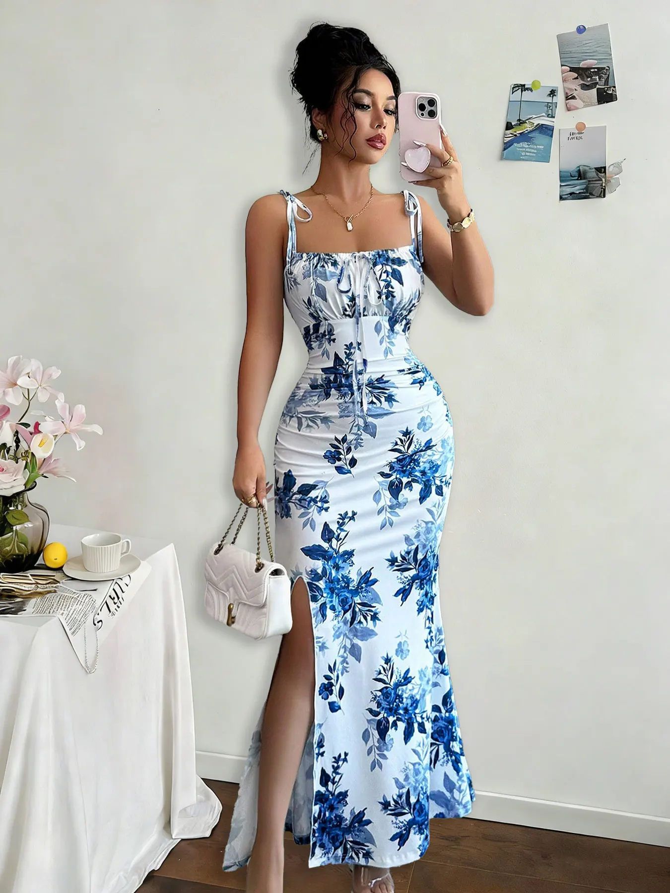 Sukienka bodycon na ramiączkach ze sznurkiem, z rozcięciem, seksowna, dopasowana, idealna na co dzień i na randki.