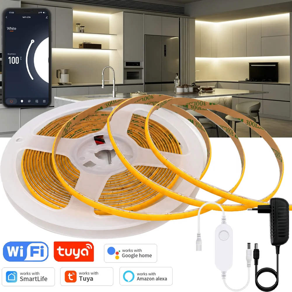 TUYA Smart WiFi 12V COB LED-Streifen 400LEDs/m Hochdichte Flexible COB LED-Lichtleiste 5MM PCB Linearbeleuchtung Kompatibel mit Alexa