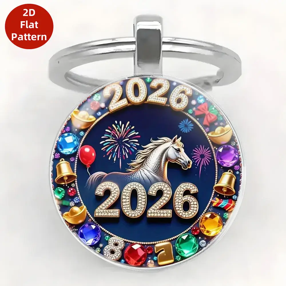 New Year 2026 Fashion DIY Keychain, Vintage Colorful Horse Pattern Round Keychain, Car Decoration,Birthday Party Creative Gift